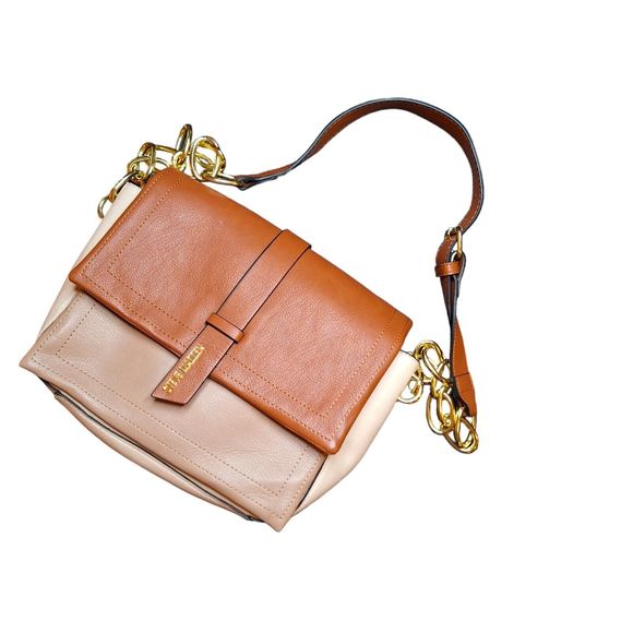 Steve Madden Brown & Taupe Fold Over Flap Shoulder Bag, Gold Chain Accents - Picture 2 of 8